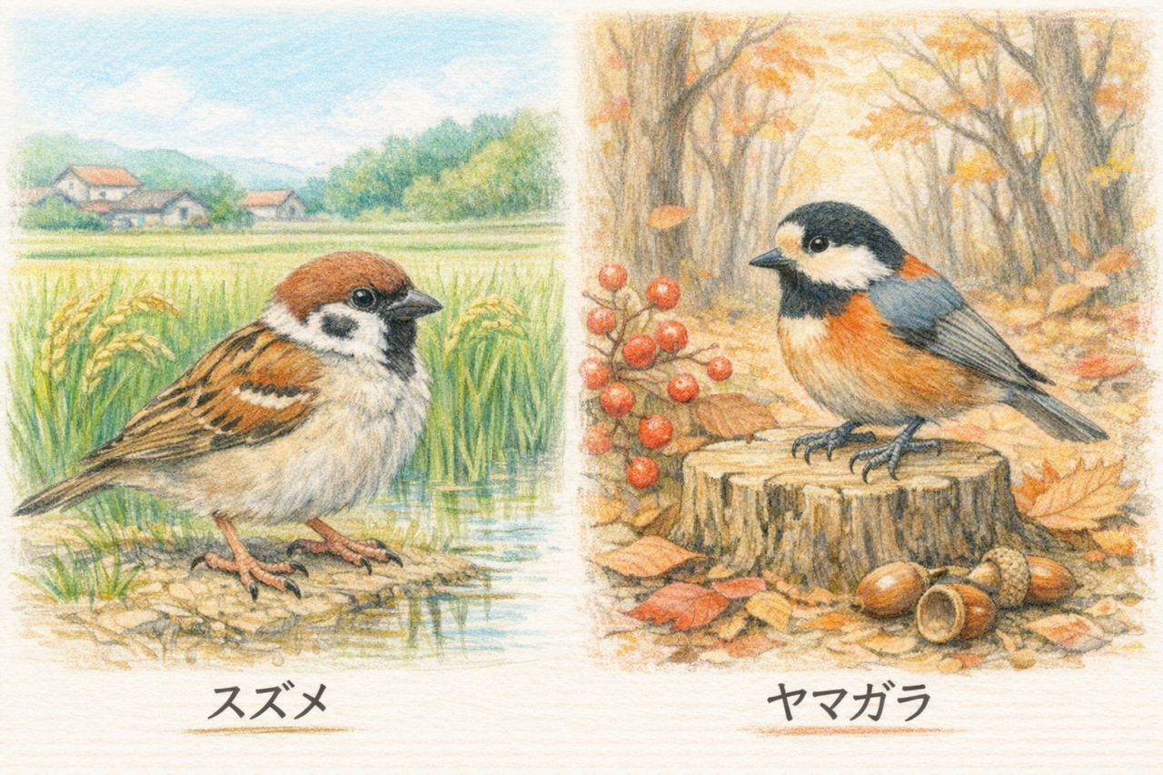 スズメとヤマガラの違いと見分け方 見られる時期の違い