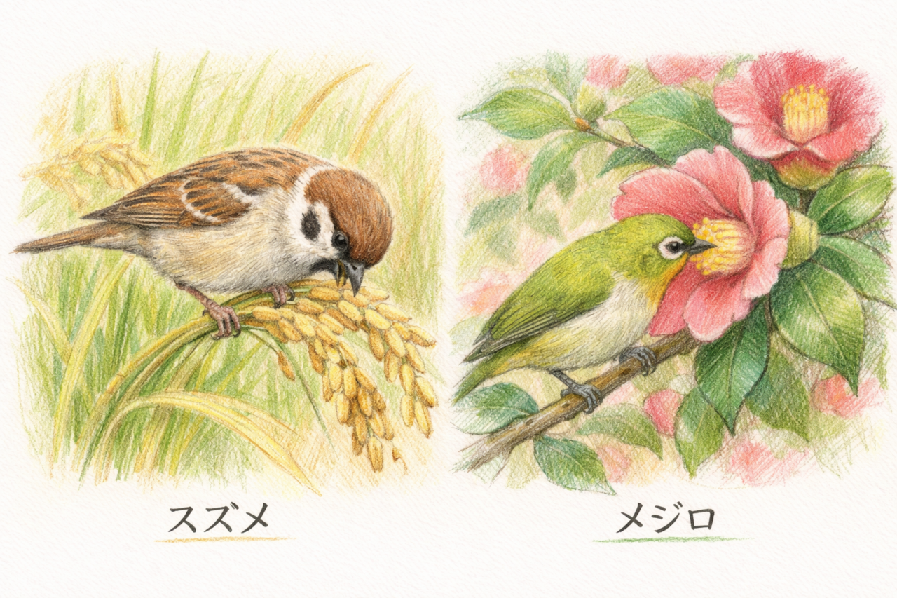 スズメとメジロの違いと見分け方　食性の違い