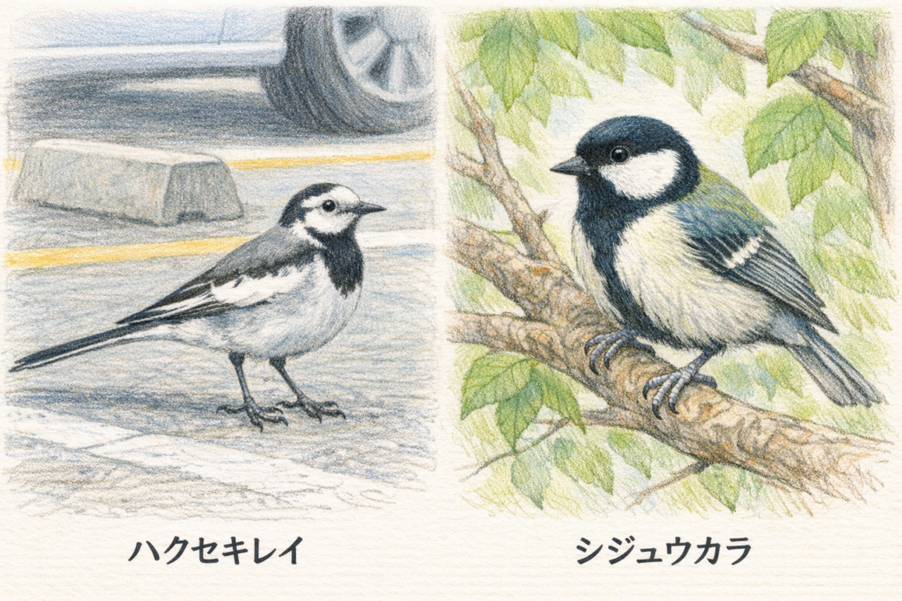 ハクセキレイとシジュウカラの違いと見分け方　習性・行動の違い