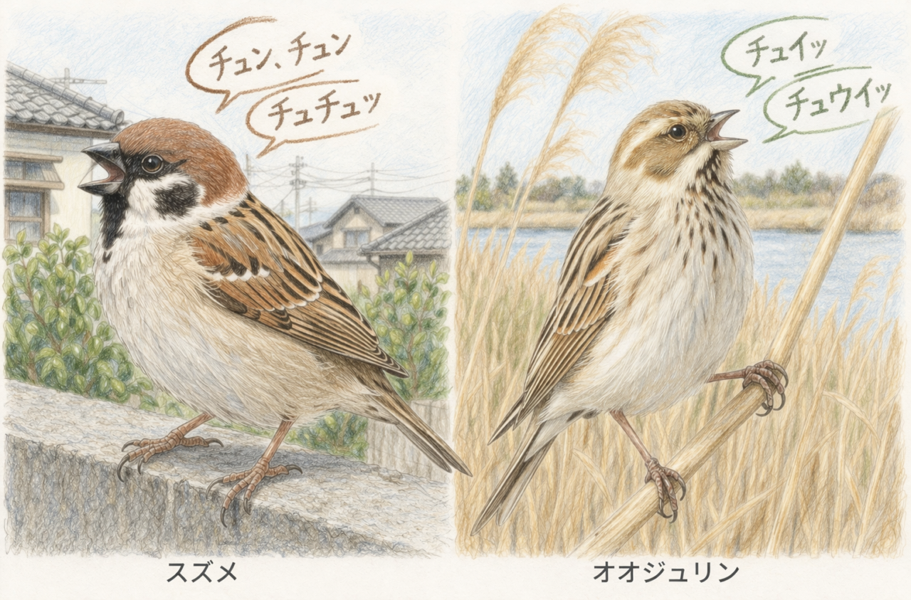 スズメとオオジュリンの違いと見分け方　鳴き声の違い