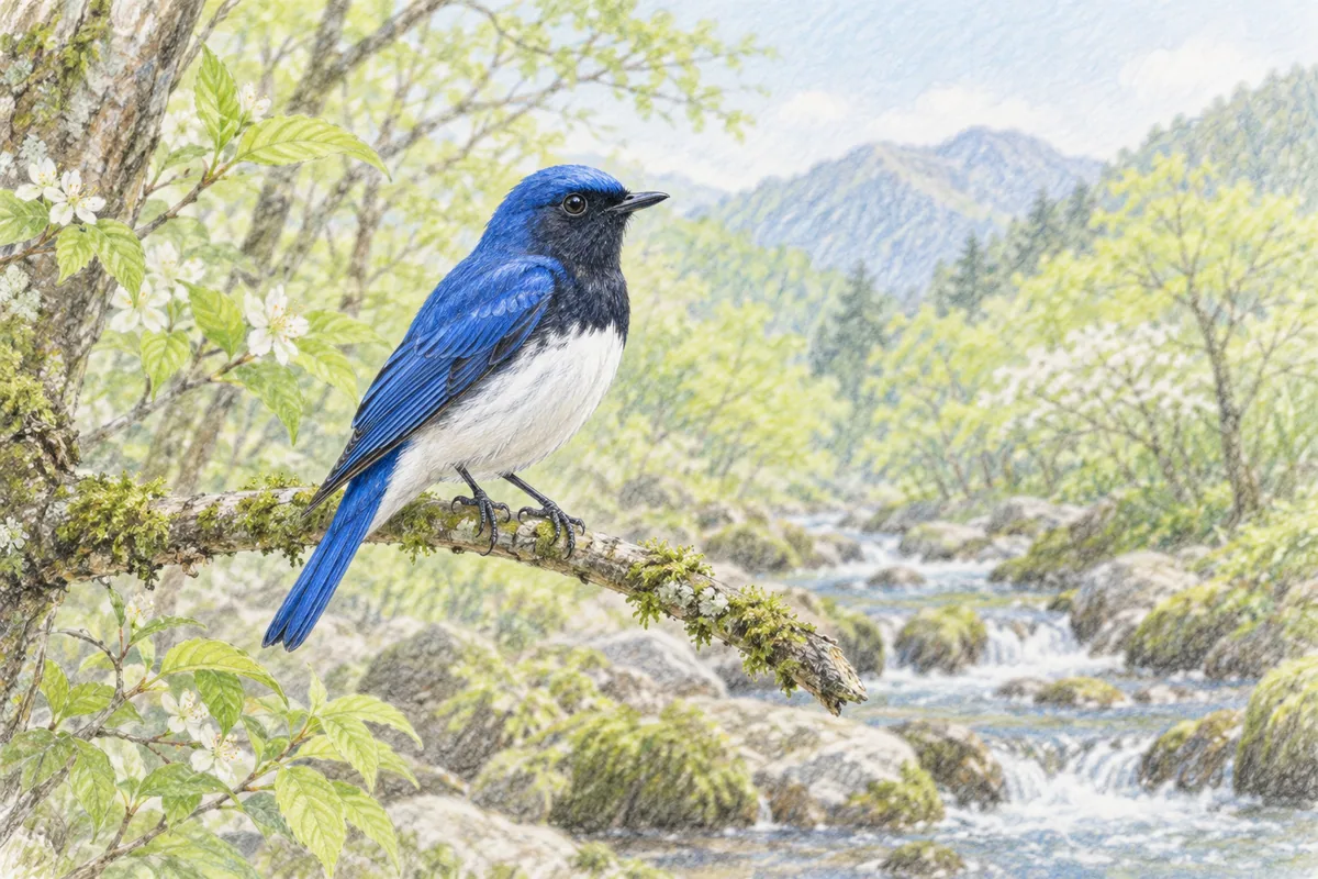 オオルリのオス。青い背と黒いのど、白い腹を持ち、春の沢沿いの枝にとまる色鉛筆画