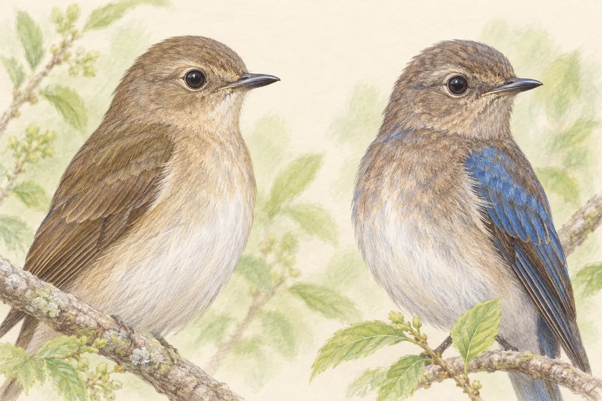 オオルリのメスと青い羽が混じる若いオスの特徴を並べた色鉛筆画