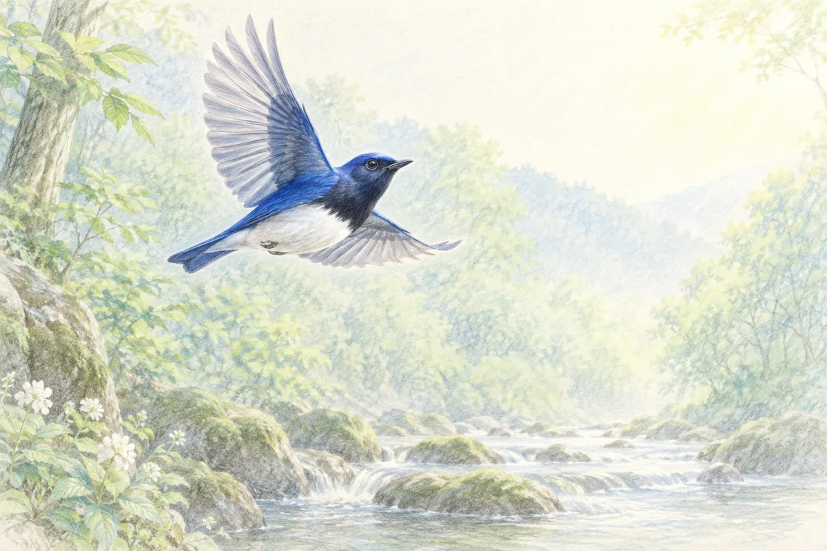 沢沿いの林を飛ぶオオルリのオスを描いた色鉛筆画
