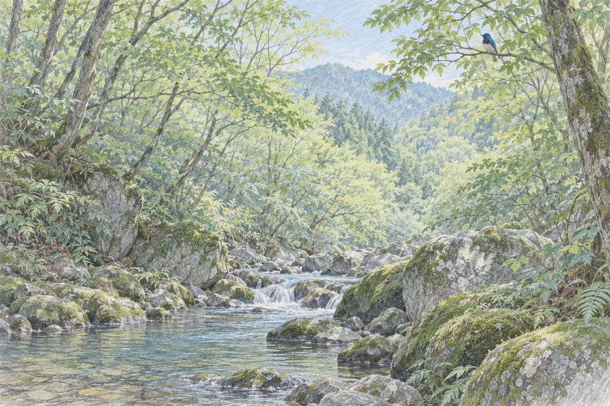 オオルリの生息環境となる山地の沢沿いの林を描いた色鉛筆画
