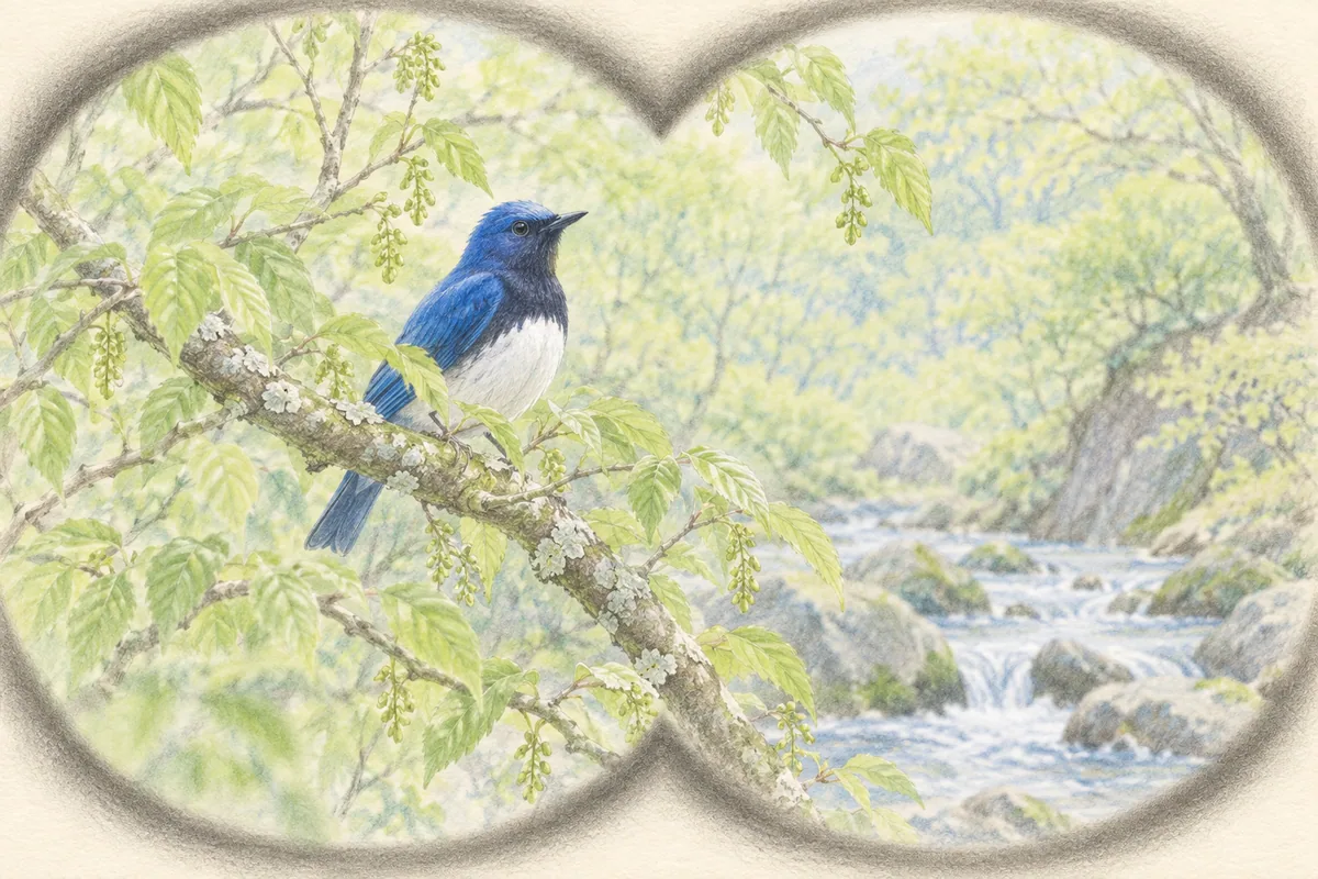 双眼鏡で沢沿いの枝にとまるオオルリを探す様子を描いた色鉛筆画