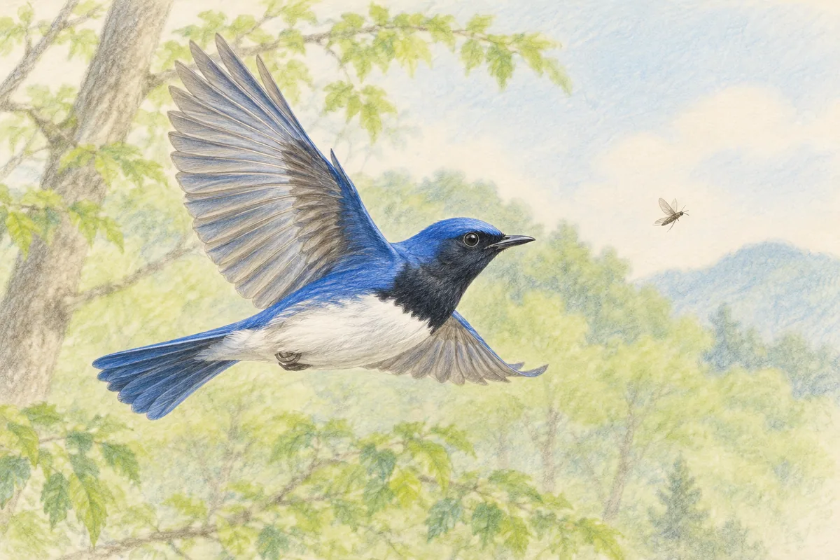 空中で虫を捕らえようと飛ぶオオルリのオスを描いた色鉛筆画