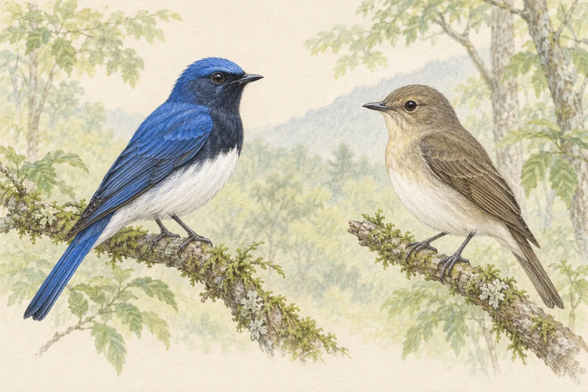 青いオオルリのオスと茶褐色のメスの姿を比較した色鉛筆画