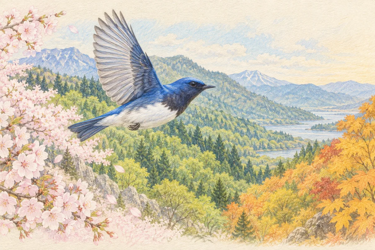 春から秋にかけて日本で見られるオオルリと季節の移り変わりを描いた色鉛筆画