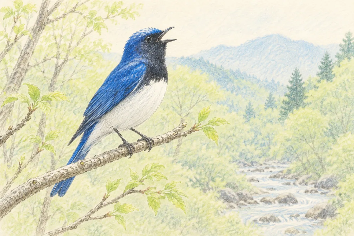 春の渓流沿いの森でさえずるオオルリのオスを描いた色鉛筆画