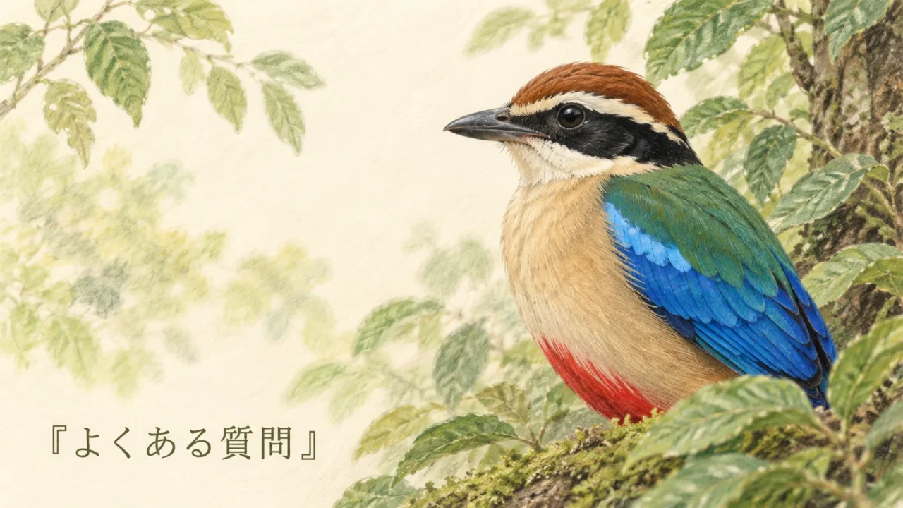 葉に囲まれたヤイロチョウの上半身を描いた色鉛筆画