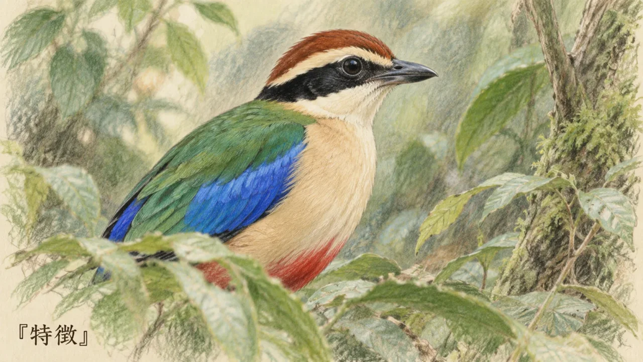 ヤイロチョウの緑色の背、青い羽、赤い下腹を示す色鉛筆画