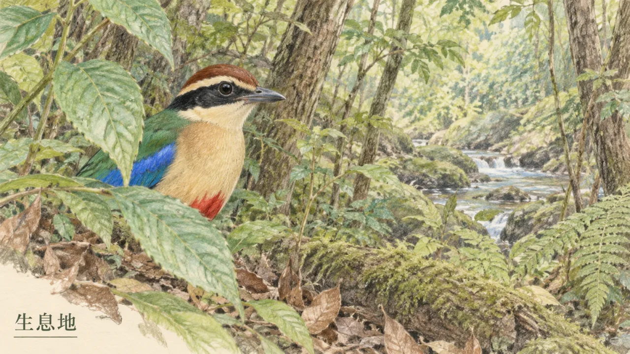 ヤイロチョウが暮らす広葉樹の森と沢を描いた色鉛筆画