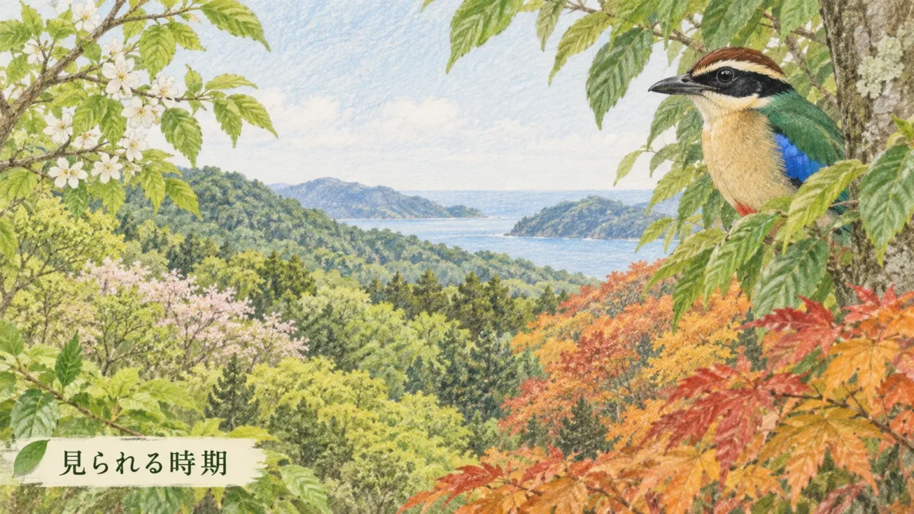 春から秋へ移る森とヤイロチョウを描いた季節の色鉛筆画