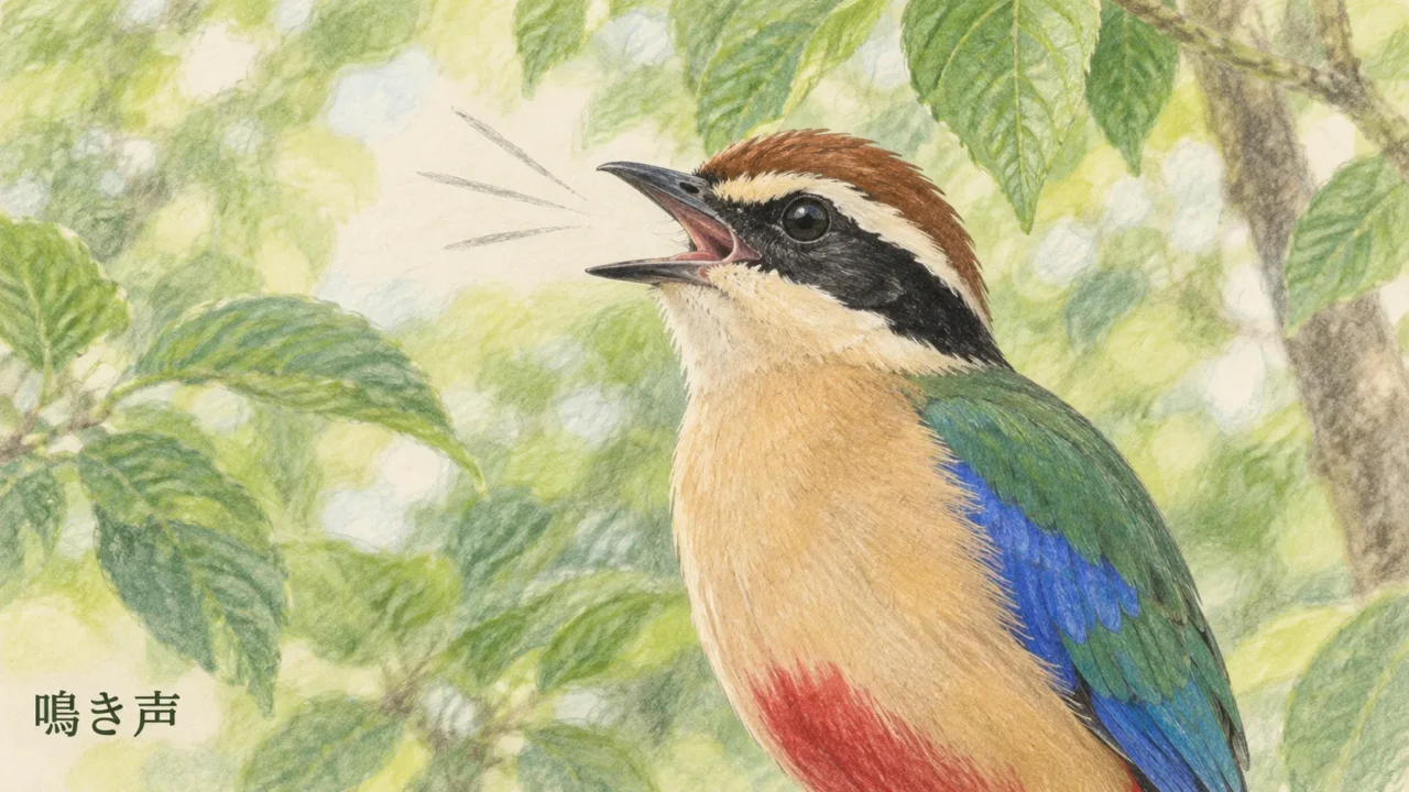 森でくちばしを開いてさえずるヤイロチョウの色鉛筆画