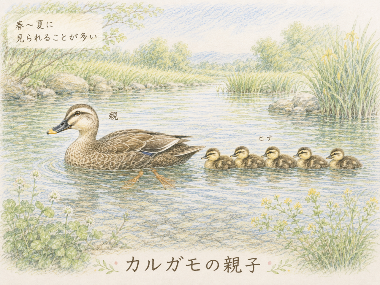 カルガモの親子|春から夏に見られる人気の姿