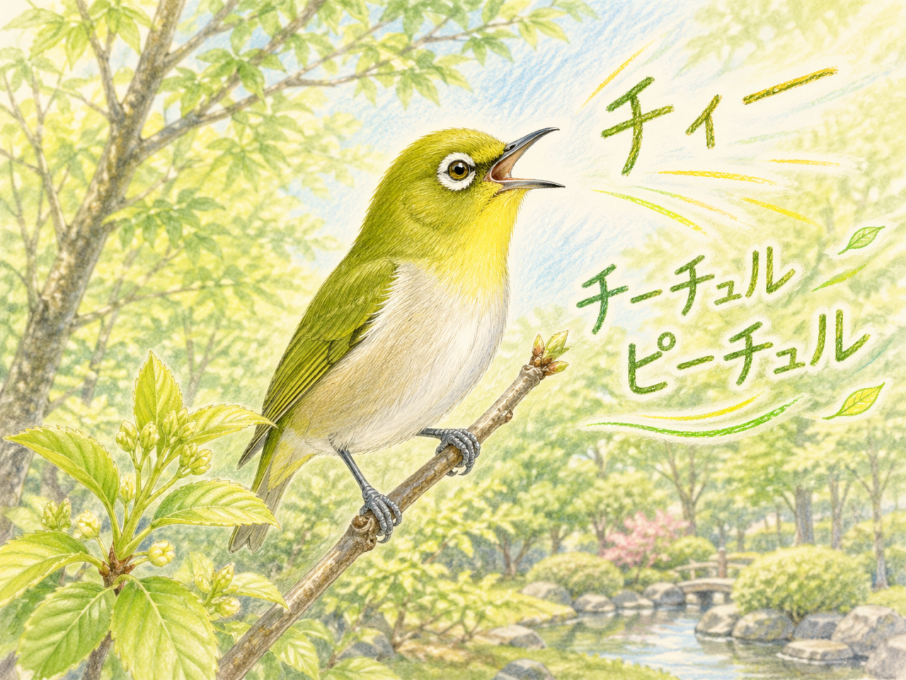 メジロの鳴き声｜「チィー」「チーチュルピーチュル」と聞こえる明るい声