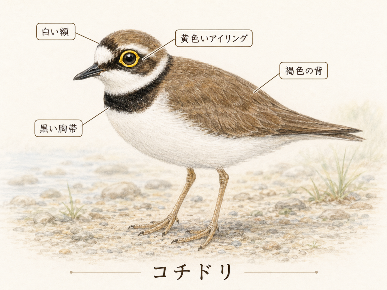 コチドリの特徴｜黄色いアイリングと黒い胸帯が識別ポイント