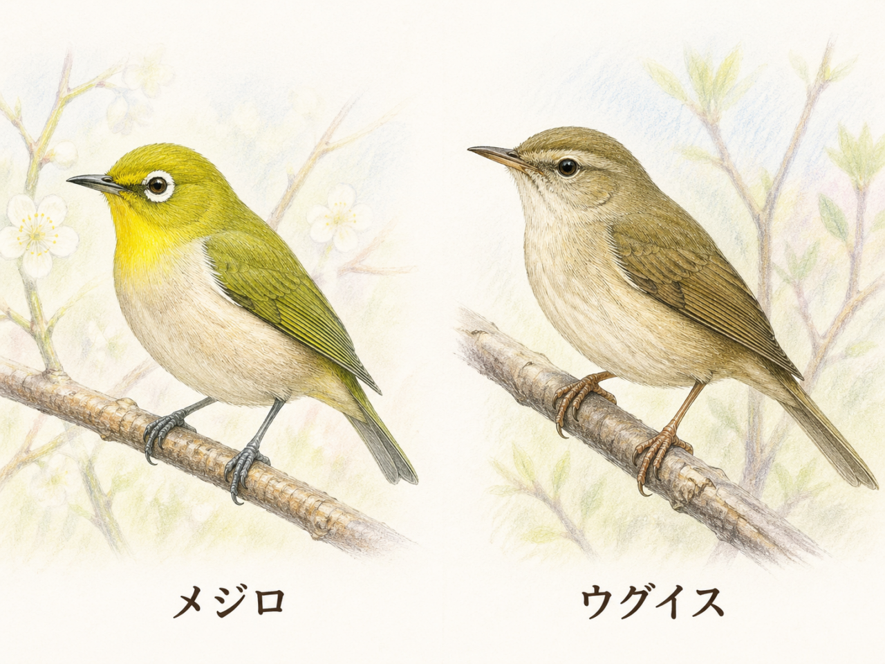 メジロとウグイスの違い｜「梅にウグイス」は本当？