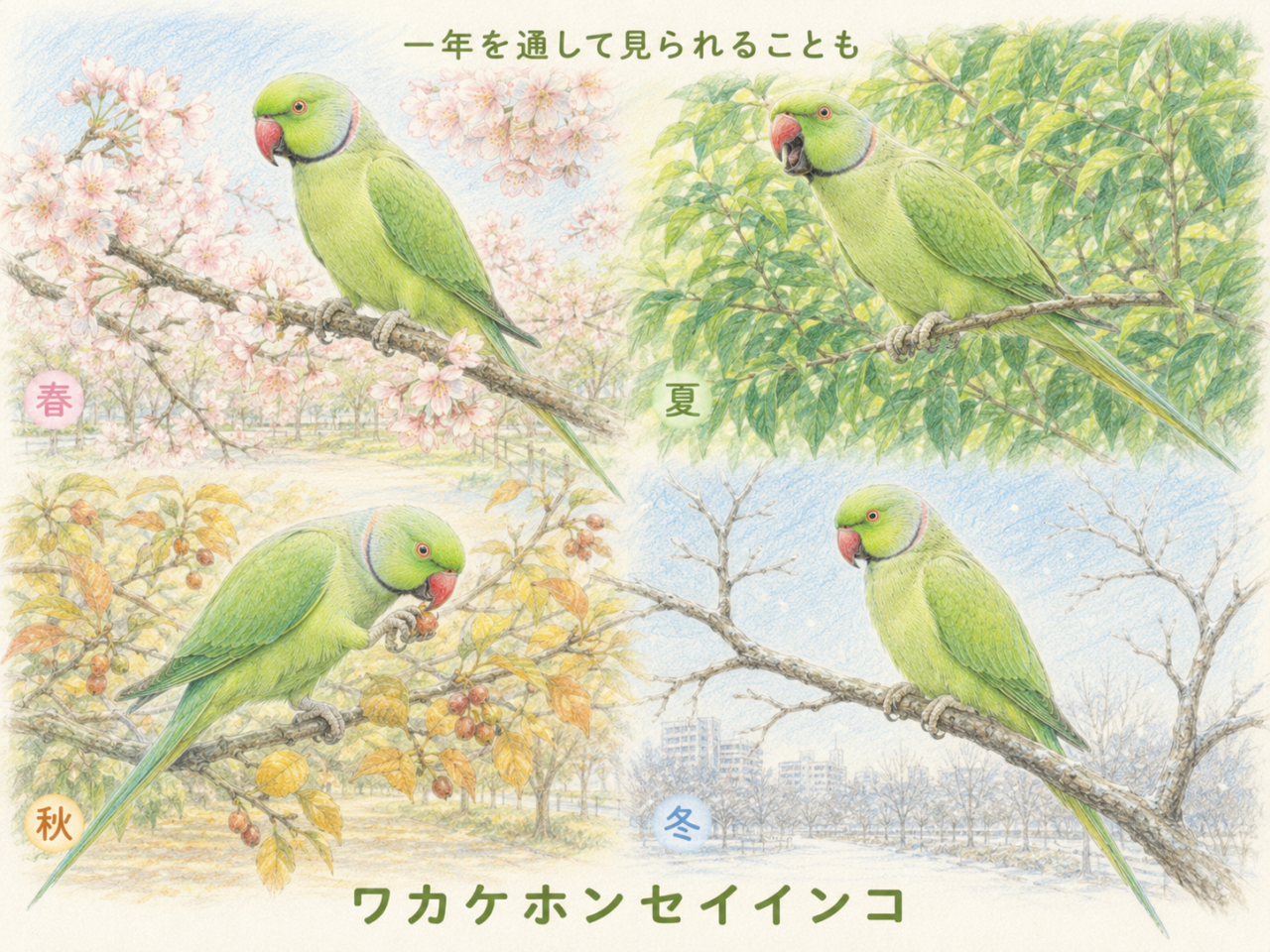 ワカケホンセイインコの季節ごとの見られ方