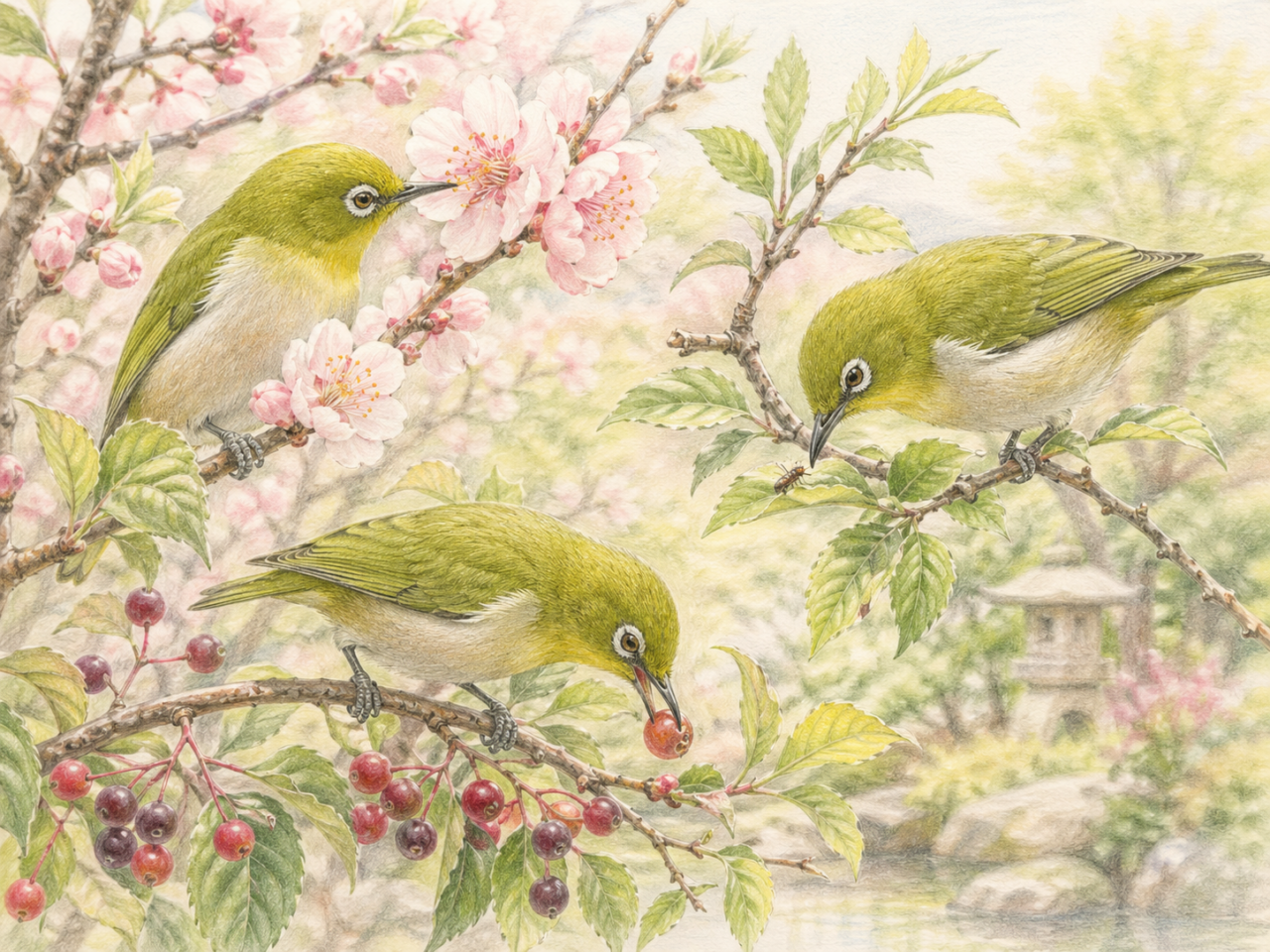 メジロの食べ物｜花の蜜・果実・小さな虫を食べる