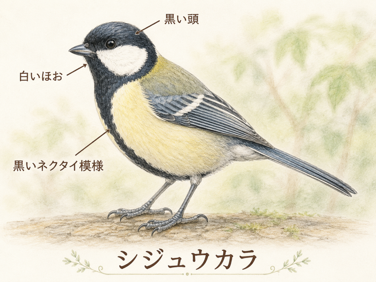 シジュウカラの特徴｜白いほおと黒いネクタイ模様が目印