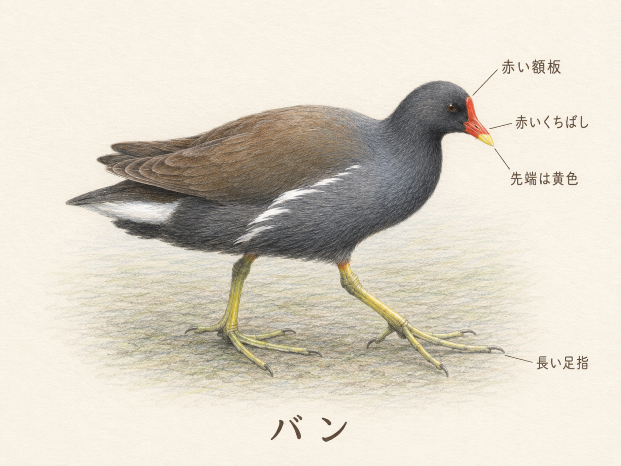 バンの特徴｜赤い額・黒っぽい体・白い尾に注目