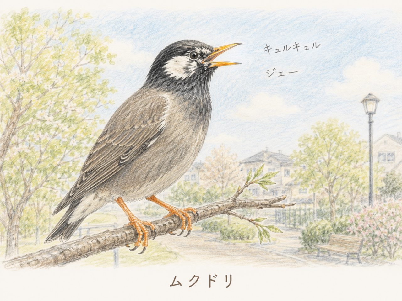 ムクドリの鳴き声:キュルキュル、ジェーとにぎやかな声