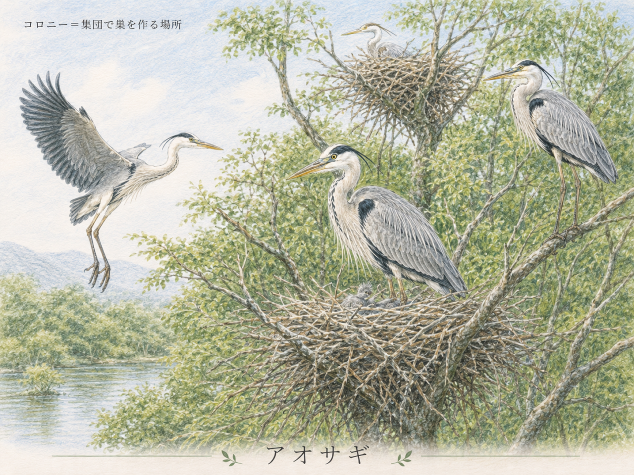 アオサギのコロニー｜集団で繁殖する習性