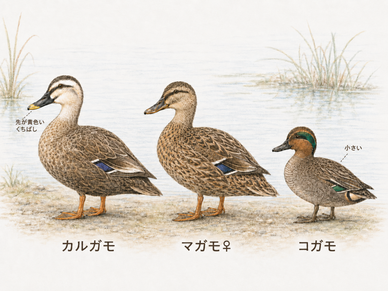 カルガモと似ているカモとの違い