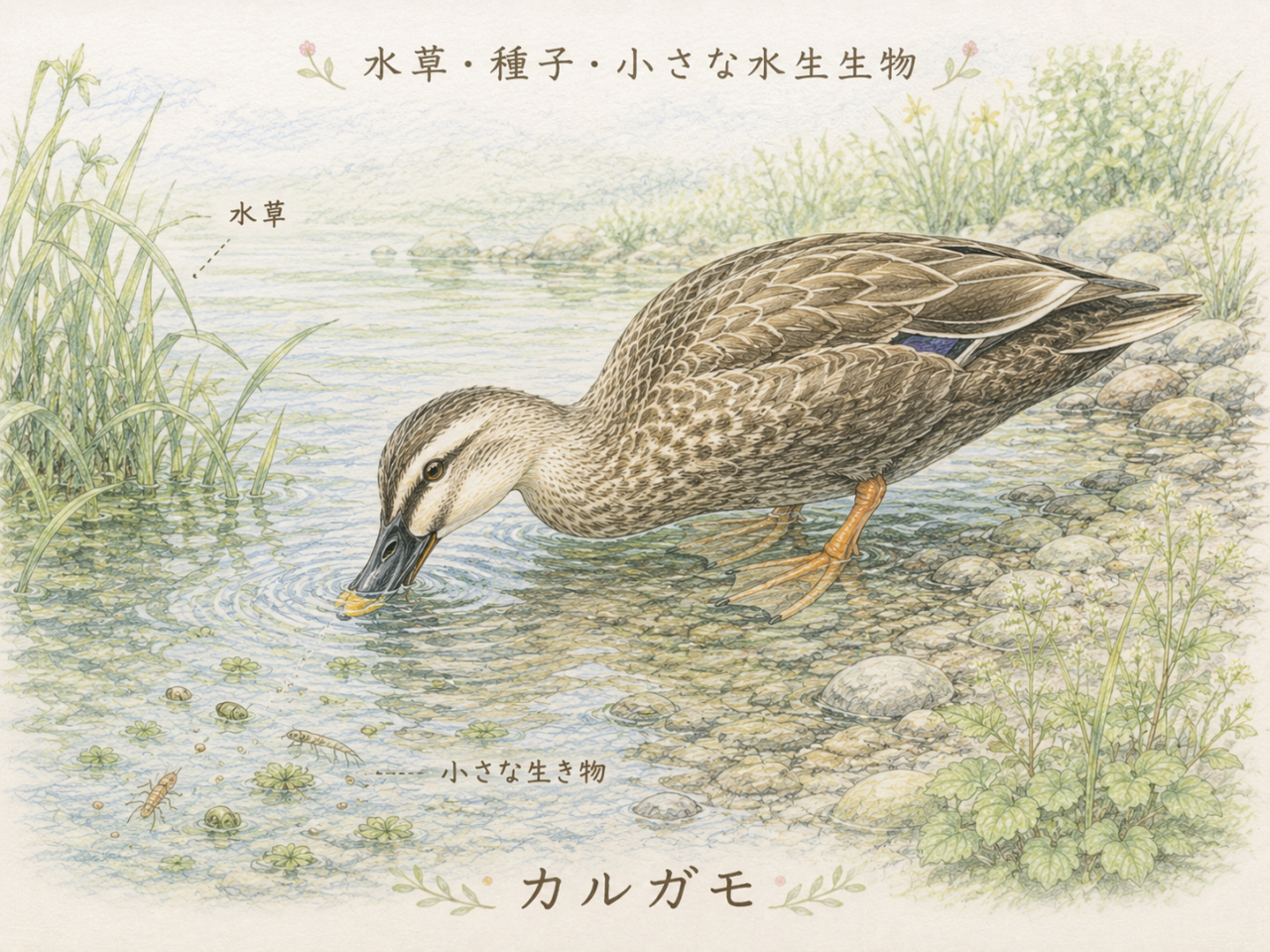 カルガモの食べ物|水草だけでなく小動物も食べる