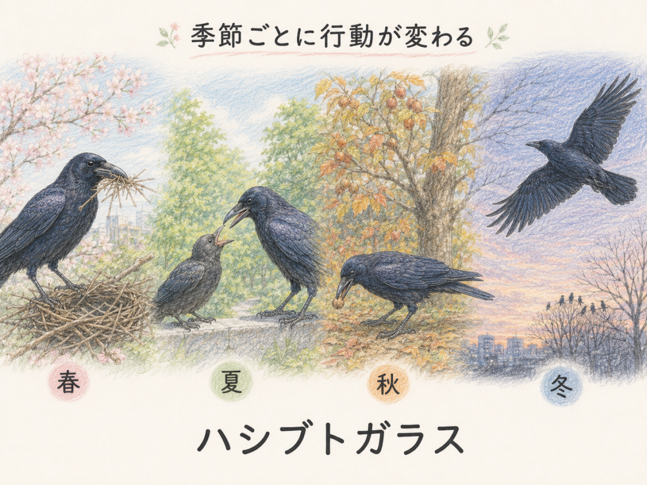 ハシブトガラスの季節ごとの行動