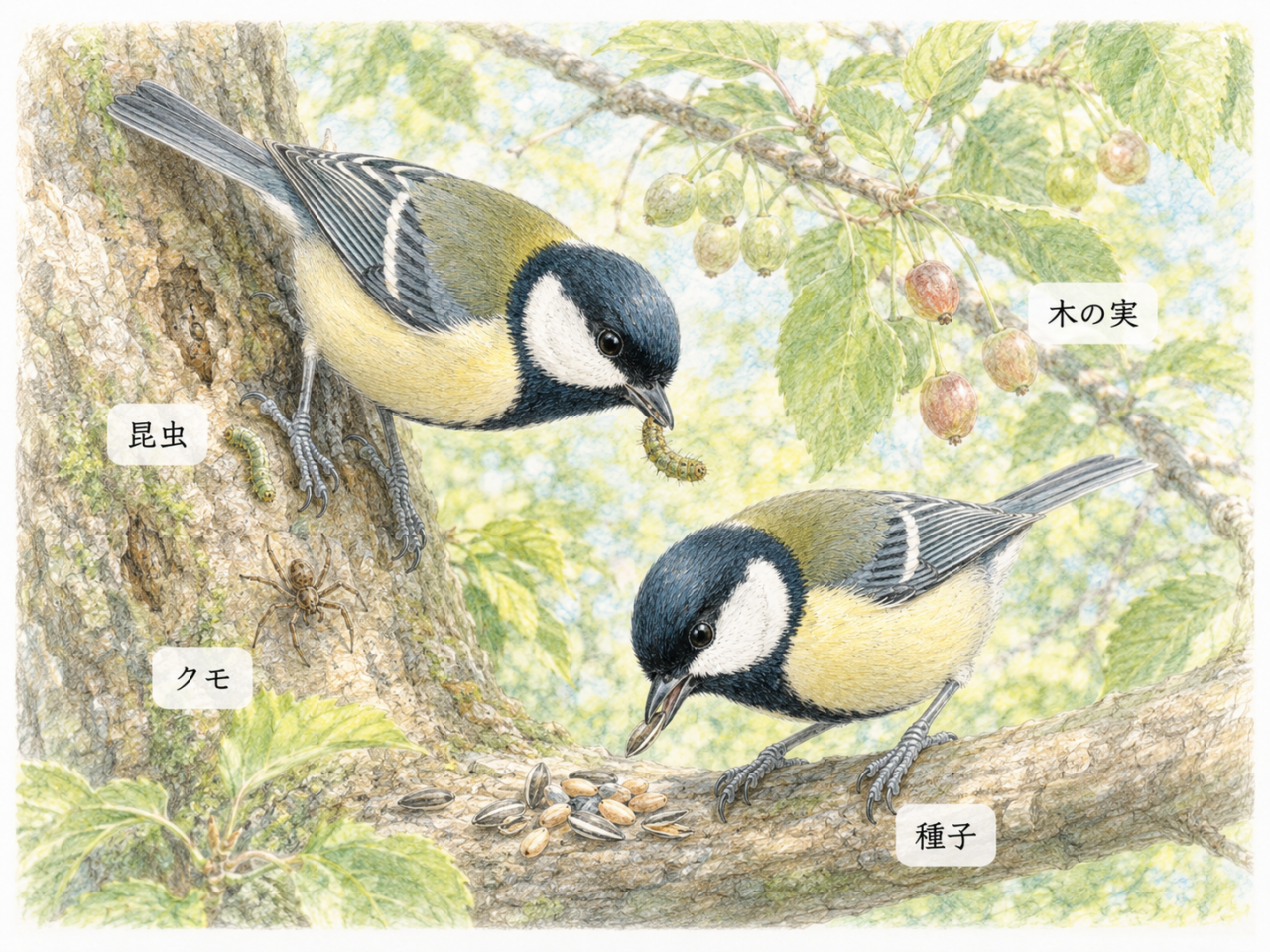 シジュウカラの食べ物｜昆虫・クモ・木の実・種子を食べる