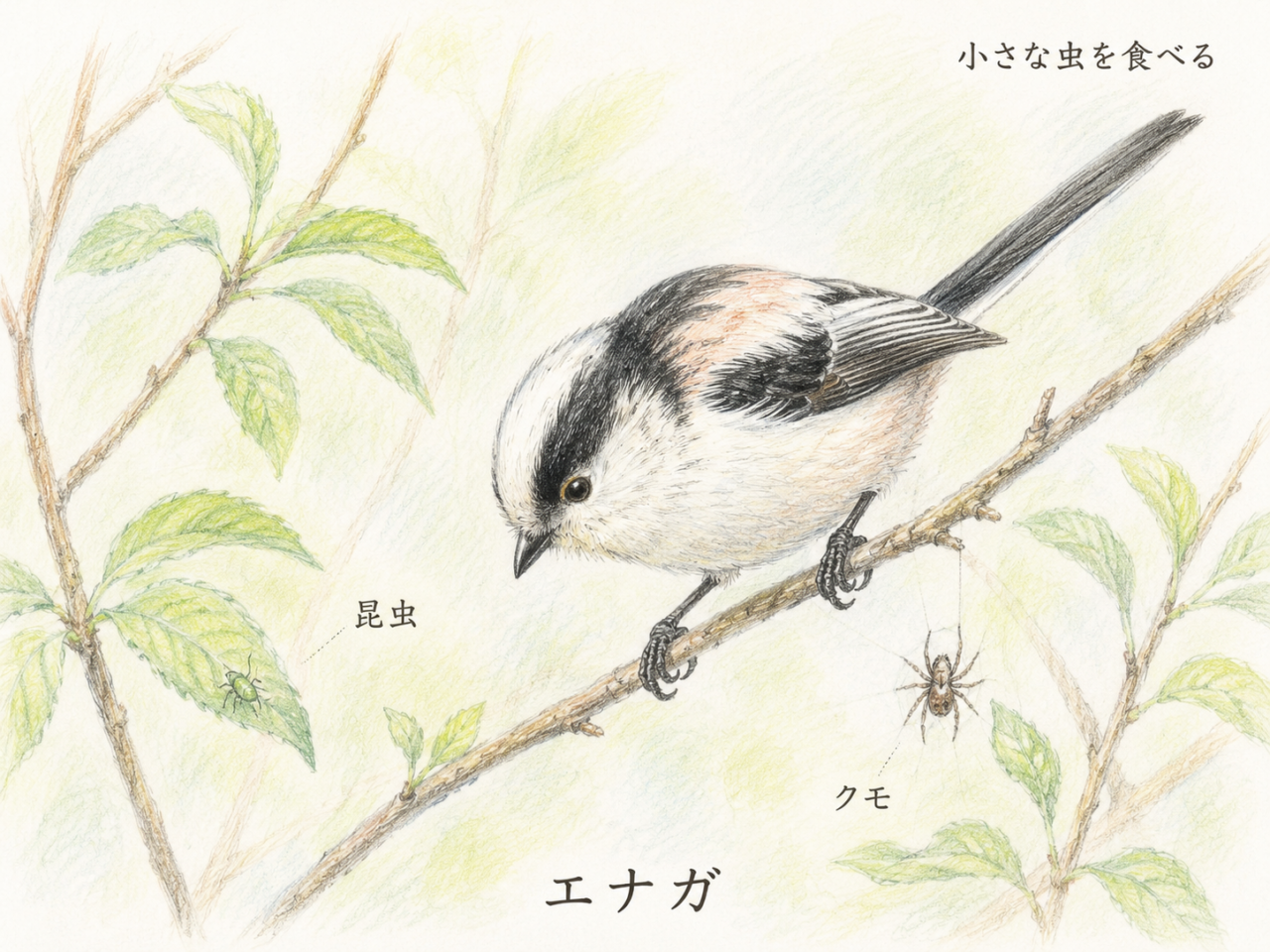 エナガの食べ物|小さな昆虫やクモを探す