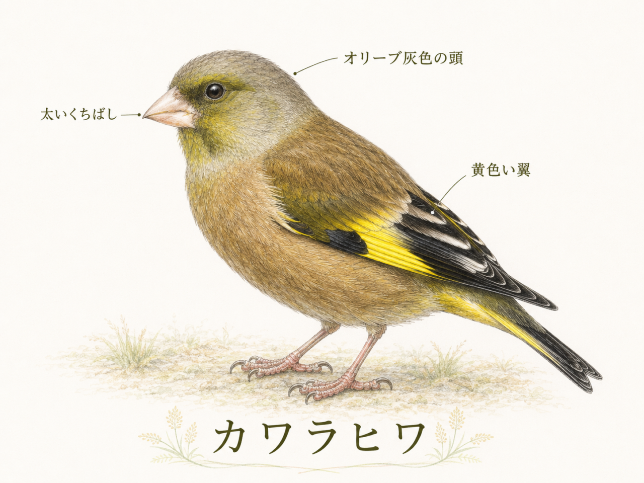 カワラヒワの特徴|黄色い翼と太いくちばしがポイント