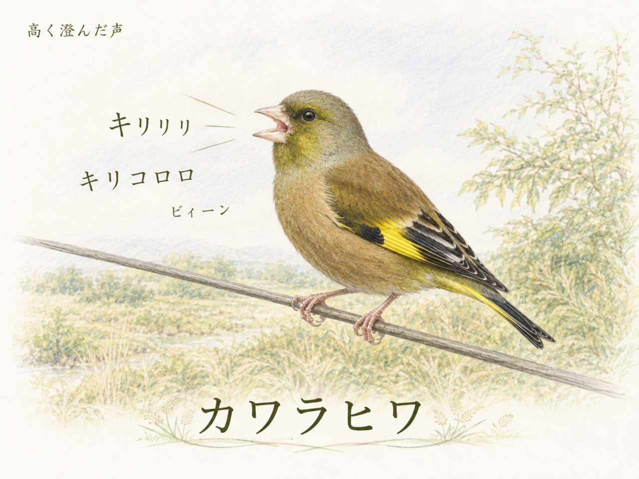 カワラヒワの鳴き声|「キリリリ」「キリコロロ」「ビィーン」と聞こえる声