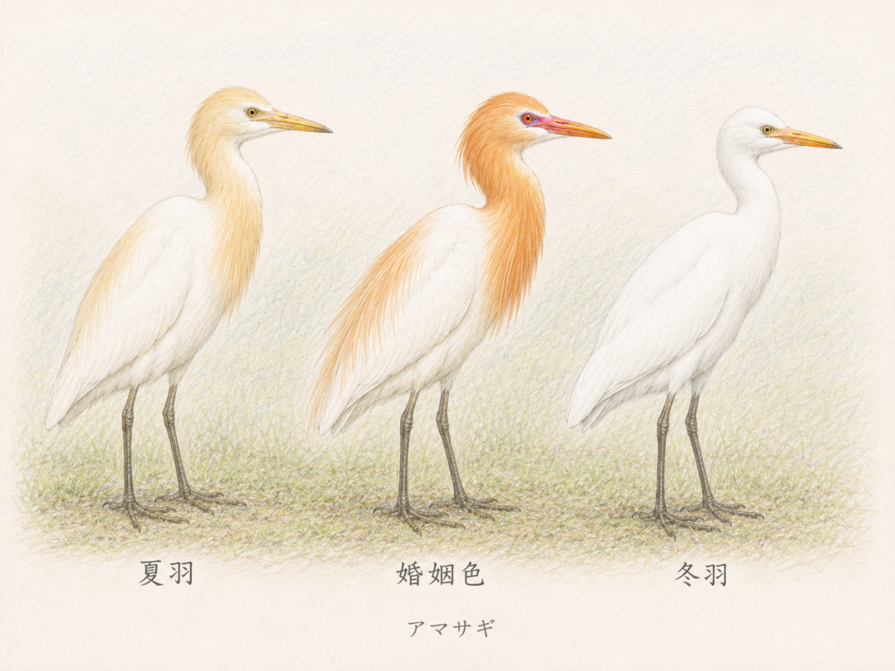 アマサギの夏羽・冬羽・婚姻色の違い