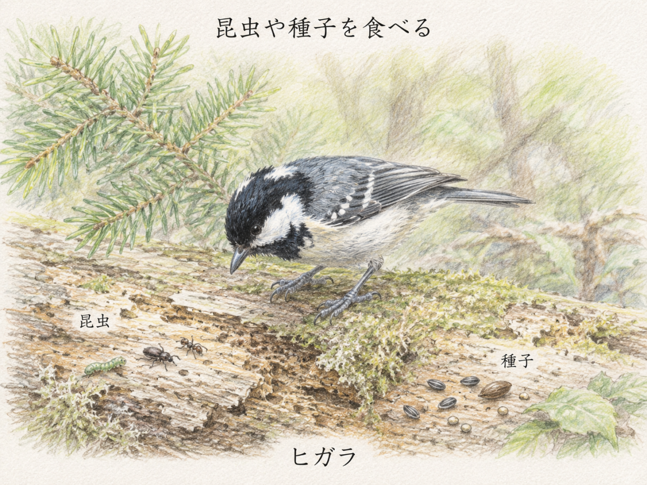 ヒガラの食べ物｜昆虫や種子を食べる
