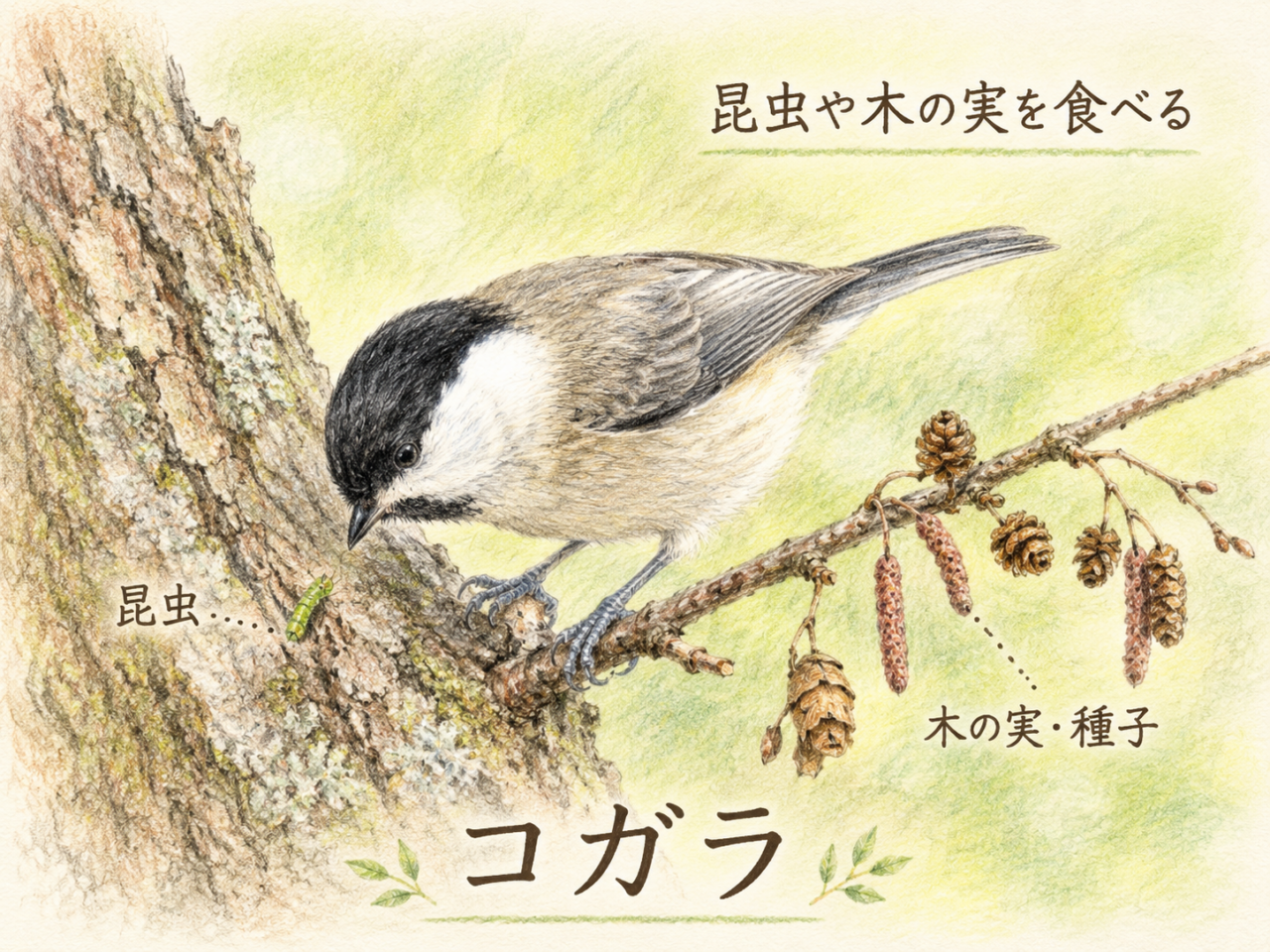 コガラの食べ物｜昆虫やクモ、木の実や種子を食べる