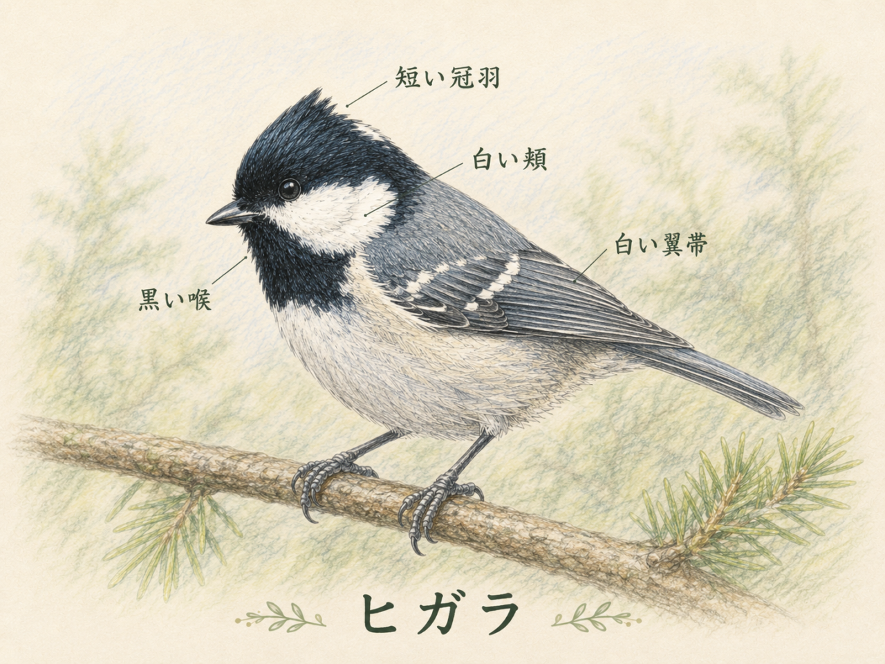 ヒガラの特徴｜冠羽・白い頬・黒い喉に注目
