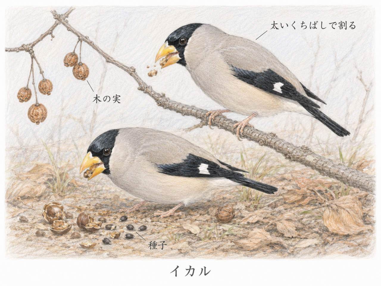 イカルの食べ物|木の実や種子を割って食べる