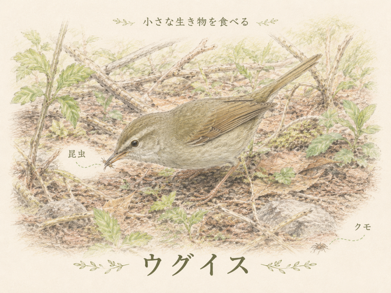 ウグイスの食べ物|昆虫やクモなど小さな生き物を食べる