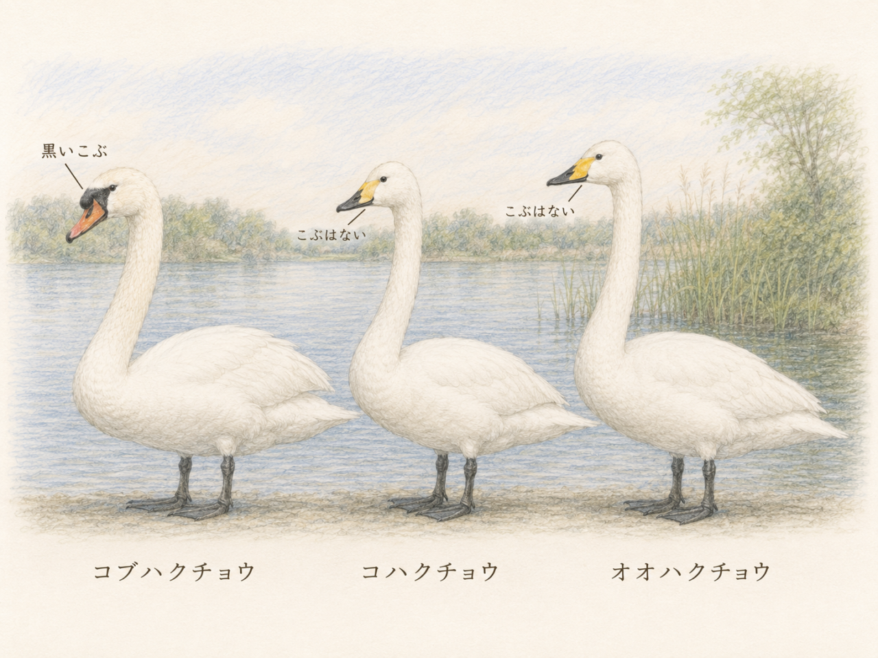 コブハクチョウと似ている鳥の違い