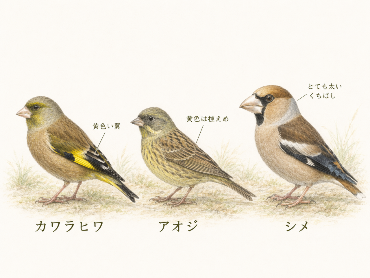カワラヒワとアオジ・シメとの違い