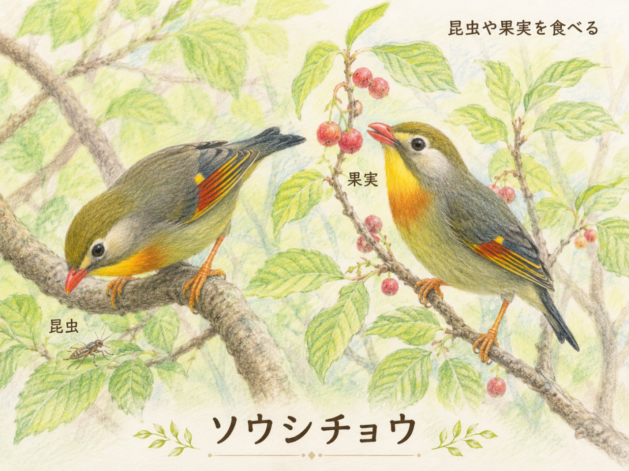 ソウシチョウの食べ物|昆虫や果実を食べる