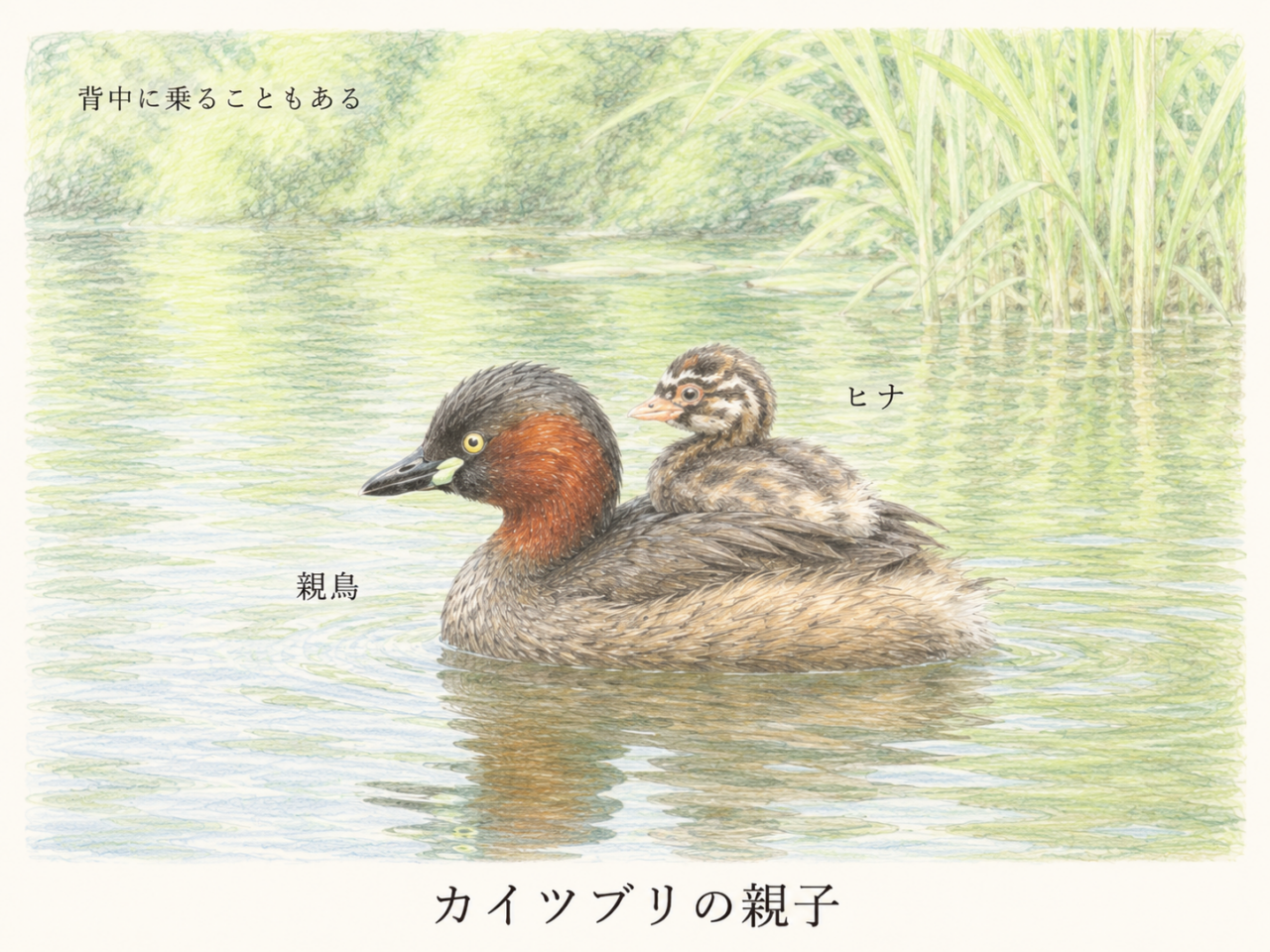 カイツブリの親子|ヒナを背中に乗せるかわいい姿
