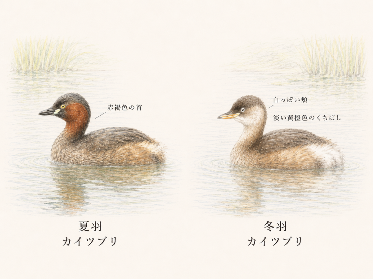 カイツブリの夏羽と冬羽の違い
