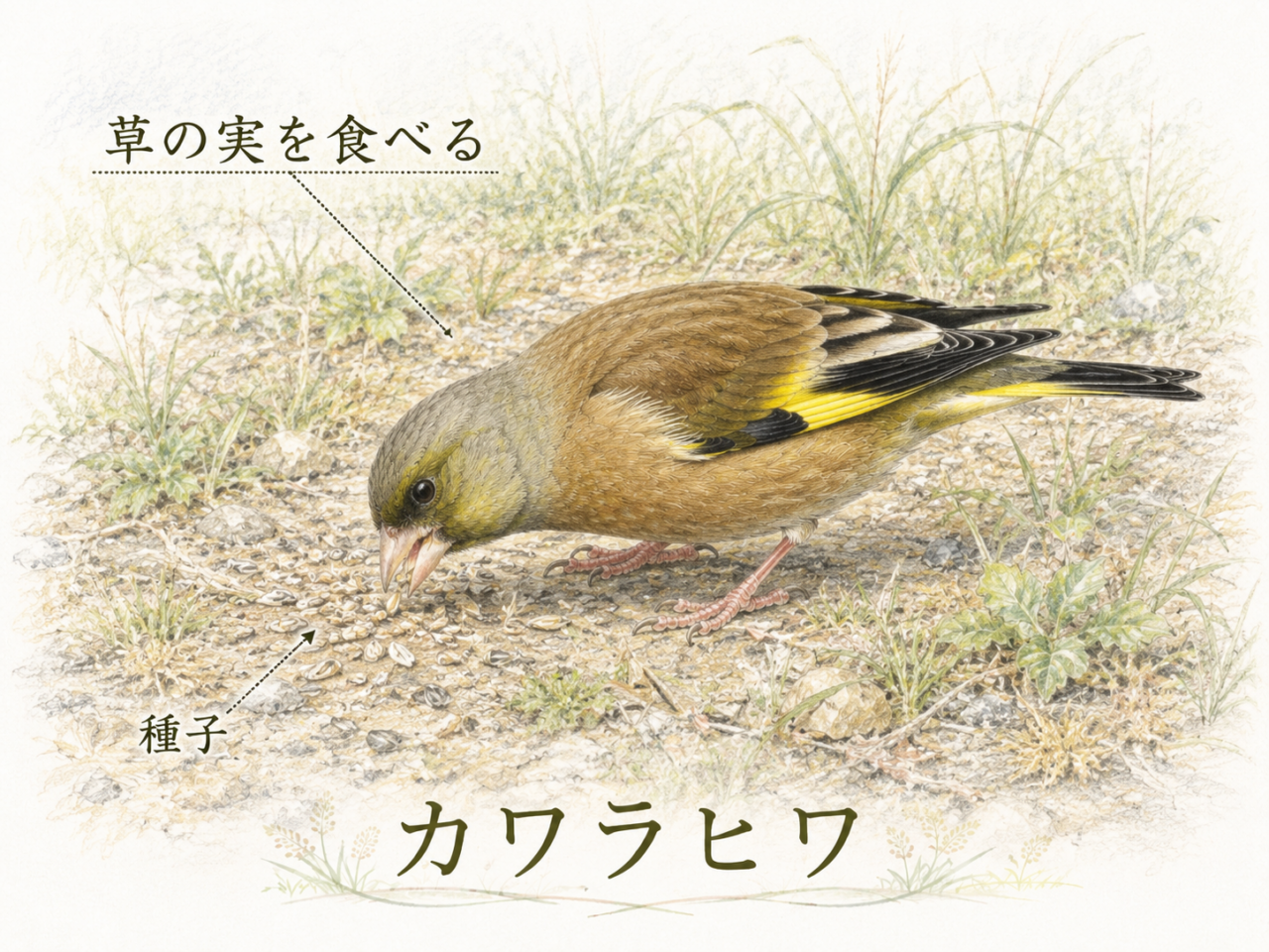 カワラヒワの食べ物|主に草の種子を食べる