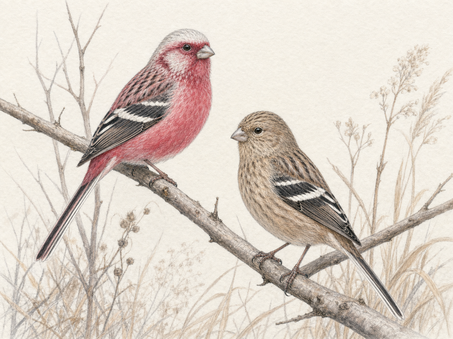 冬の草地で枝にとまるベニマシコのオスとメスを描いた淡い色鉛筆画