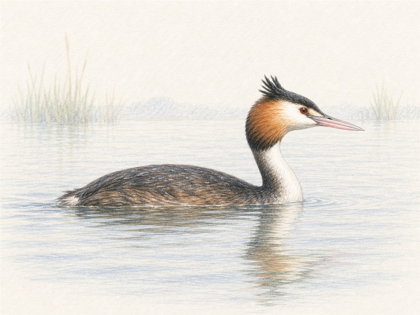 夏羽のカンムリカイツブリが湖を泳ぐ淡い色鉛筆画