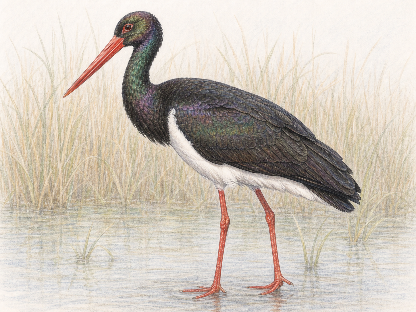浅い湿地に立つ成鳥のナベコウを描いた淡い色鉛筆風イラスト